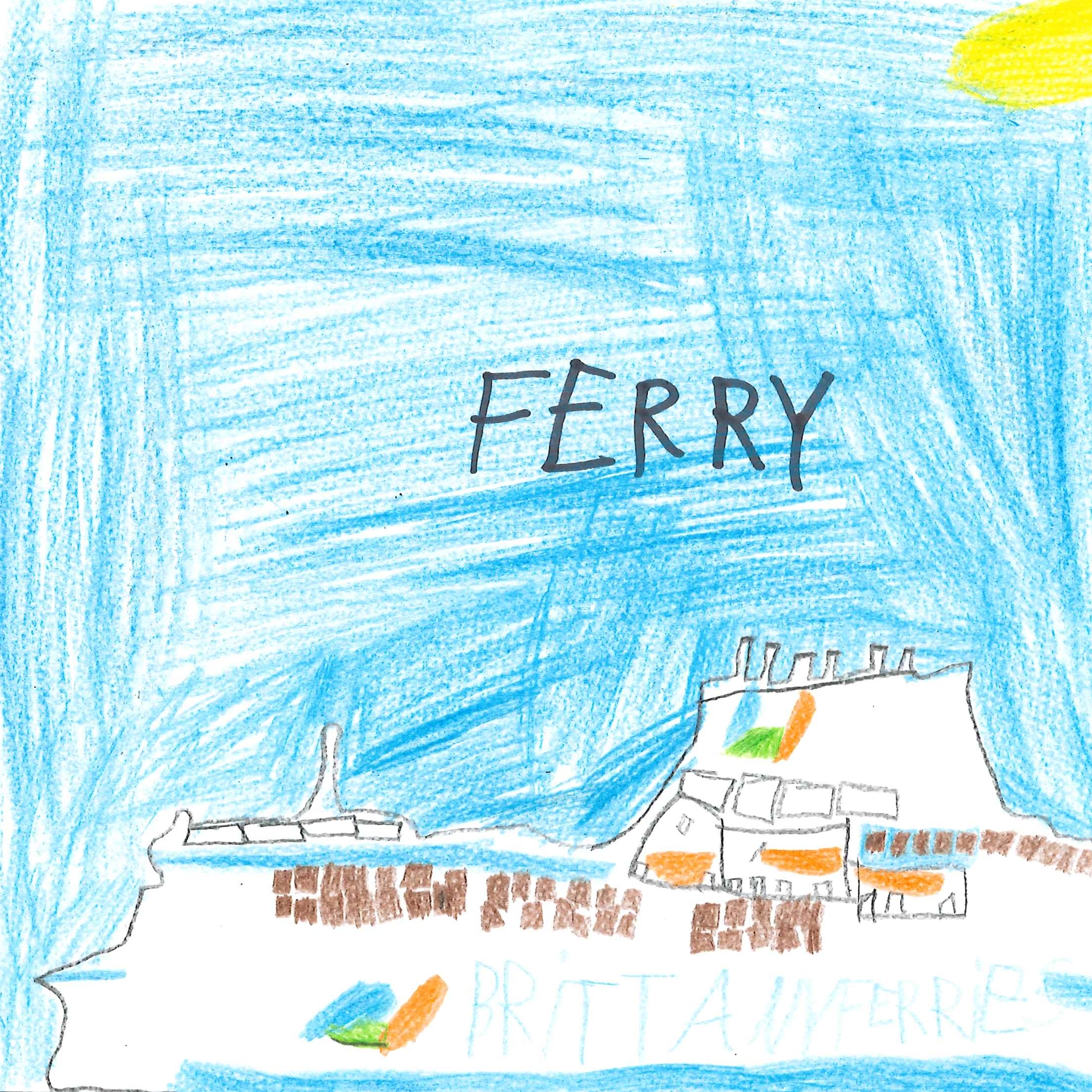 Dessin de Ismael (8 ans). Mot: FerryTechnique: Crayons.