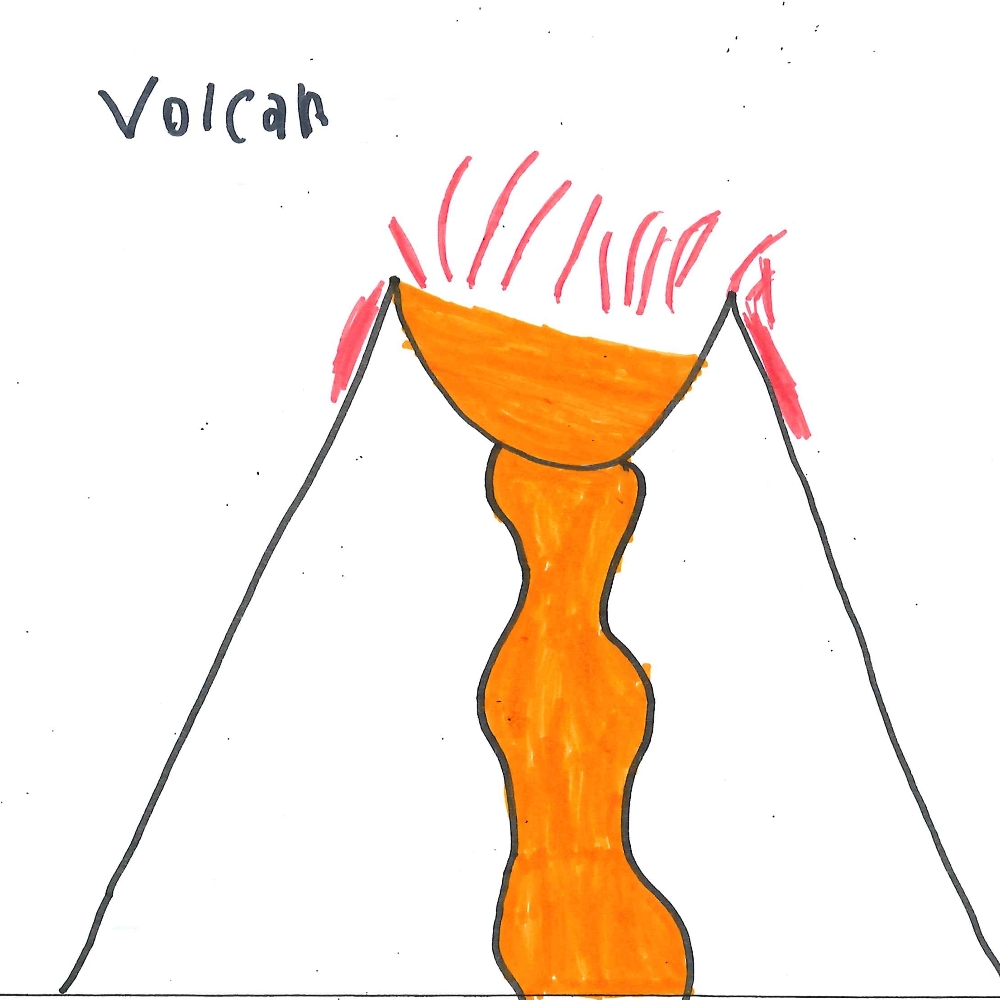 Dessin de Kenzo (6 ans). Mot: VolcanTechnique: Feutres.