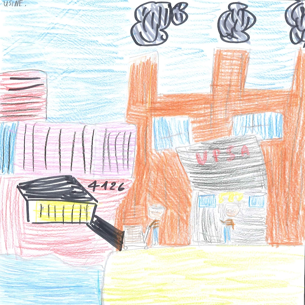 Dessin de Mauem-Sidy (9 ans). Mot: UsinesTechnique: Crayons.