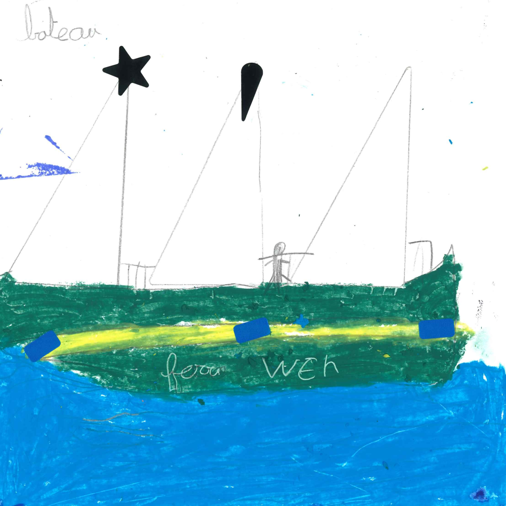 Dessin de Lakdhar (9 ans). Mot: FerryTechnique: Pastels.