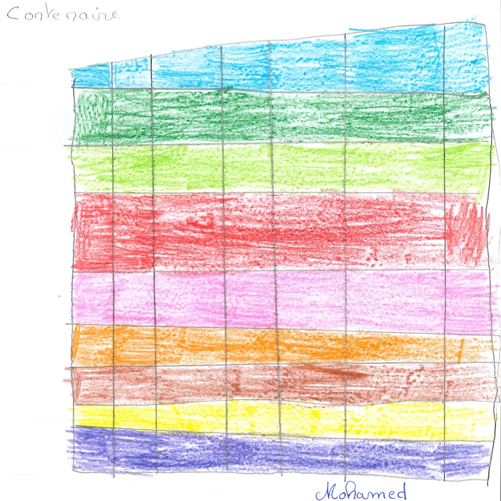 Dessin de Mohamed (8 ans). Mot: ContainerTechnique: Pastels.