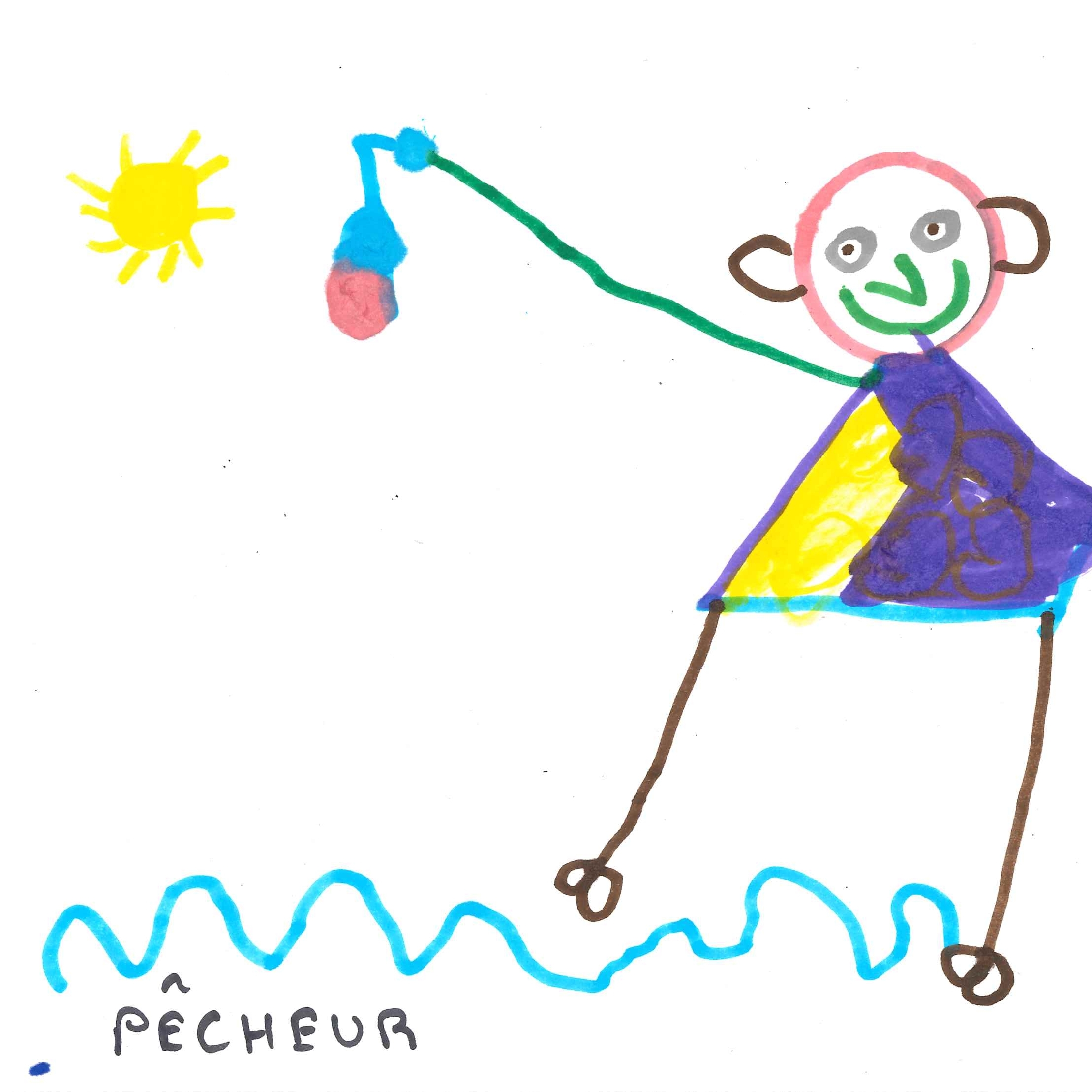 Dessin de Dienahya (4 ans). Mot: Pêcheuse, PêcheurTechnique: Feutres.