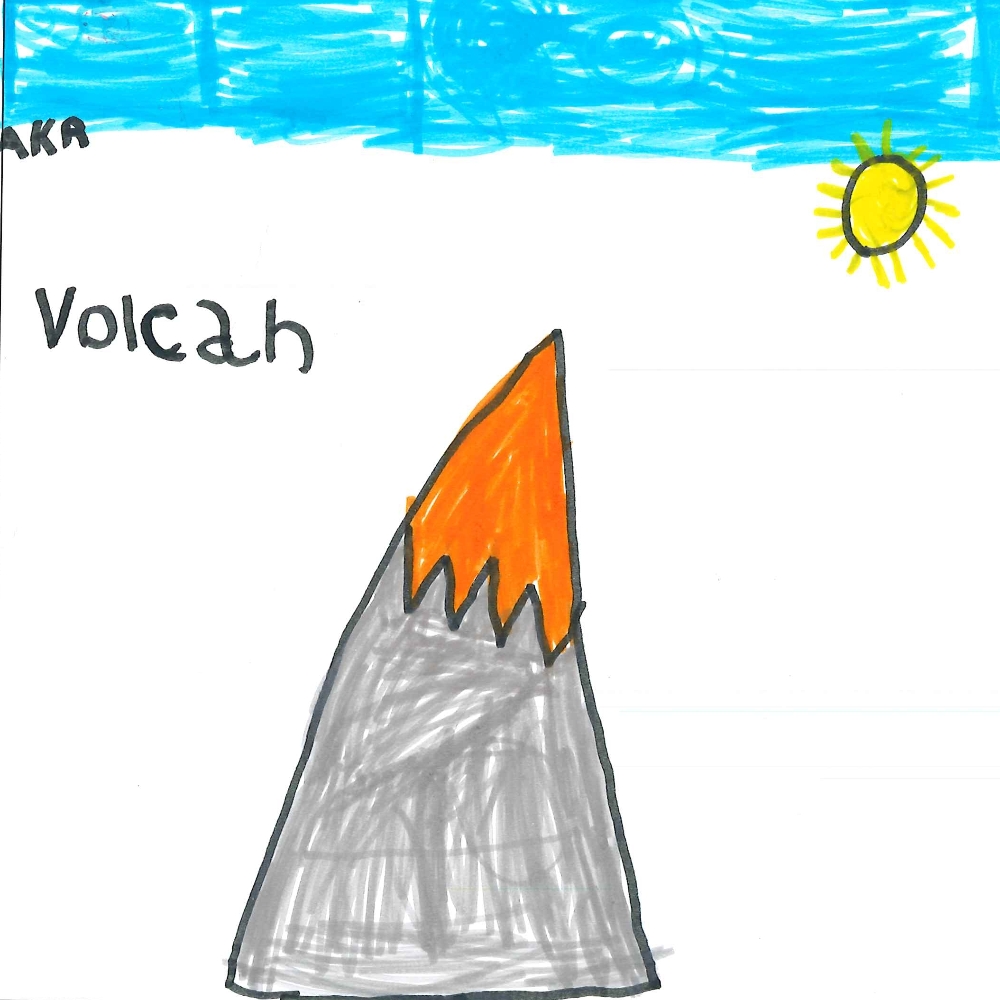 Dessin de Aboubakar (6 ans). Mot: VolcanTechnique: Feutres.