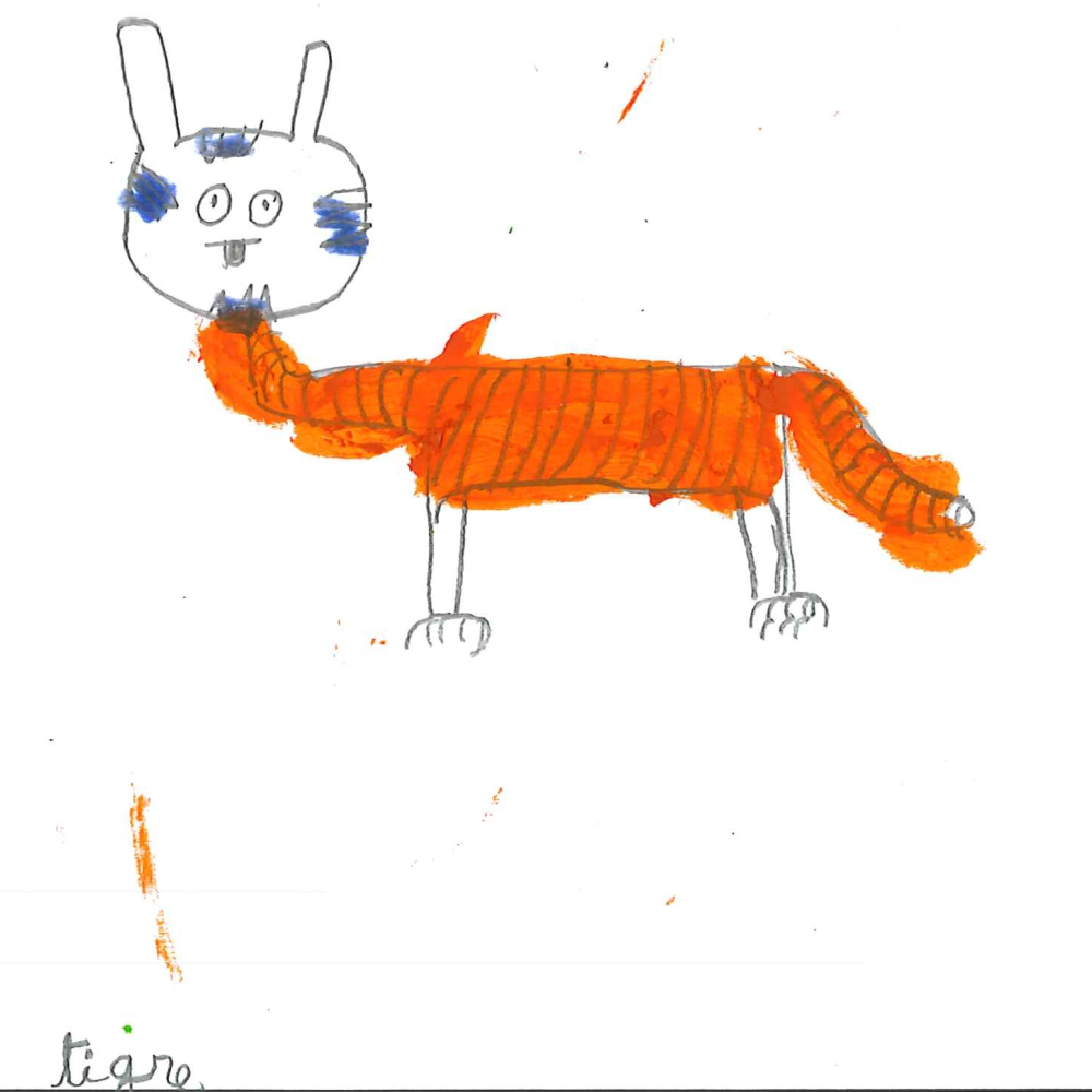 Dessin de Romane (6 ans). Mot: TigreTechnique: Crayons.