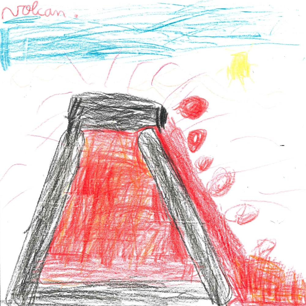Dessin de Giu-Huy (6 ans). Mot: VolcanTechnique: Crayons.