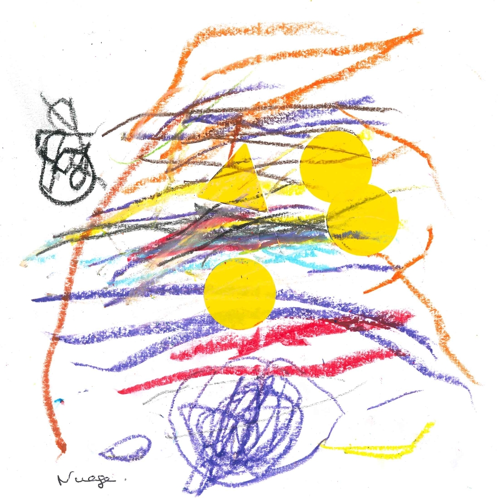 Dessin de Kelya (3 ans). Mot: NuageTechnique: Pastels.