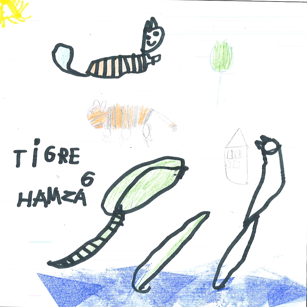 Dessin de Hamza (6 ans). Mot: TigreTechnique: Feutres.