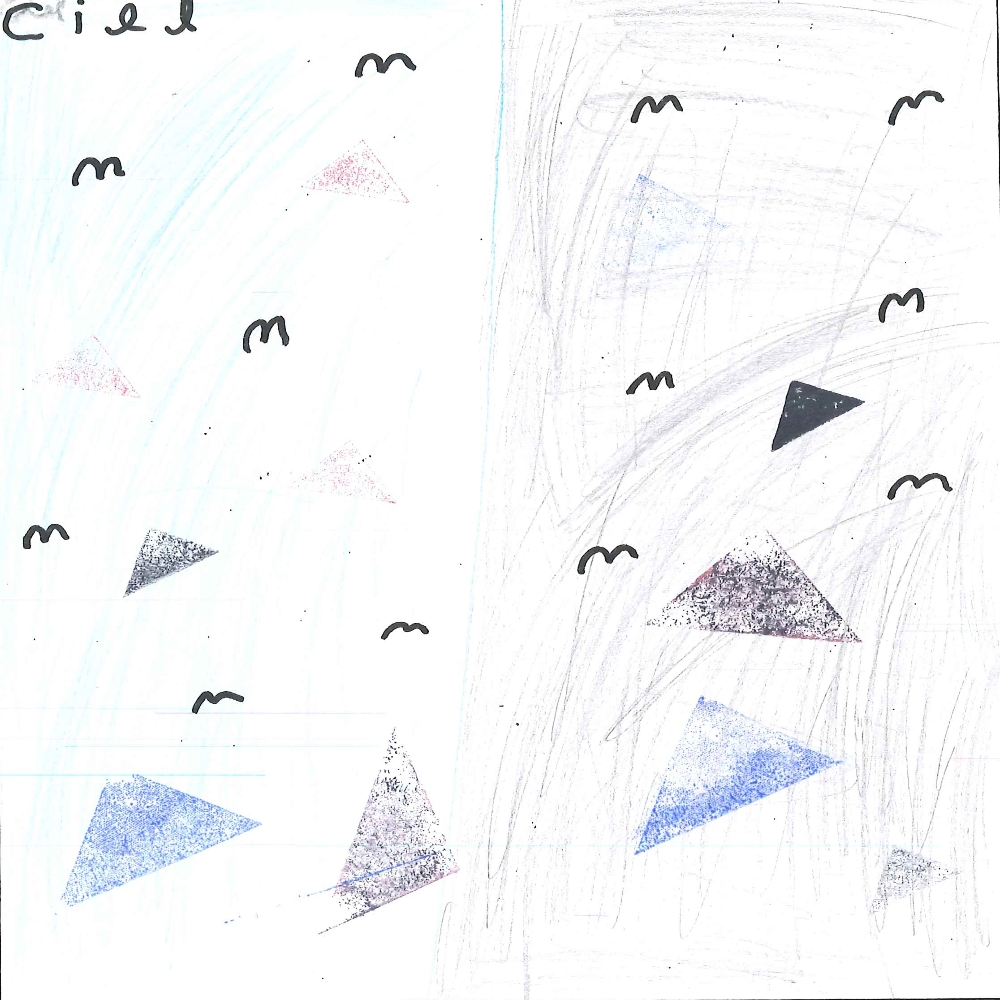 Dessin de Kayla (8 ans). Mot: CielTechnique: Crayons.