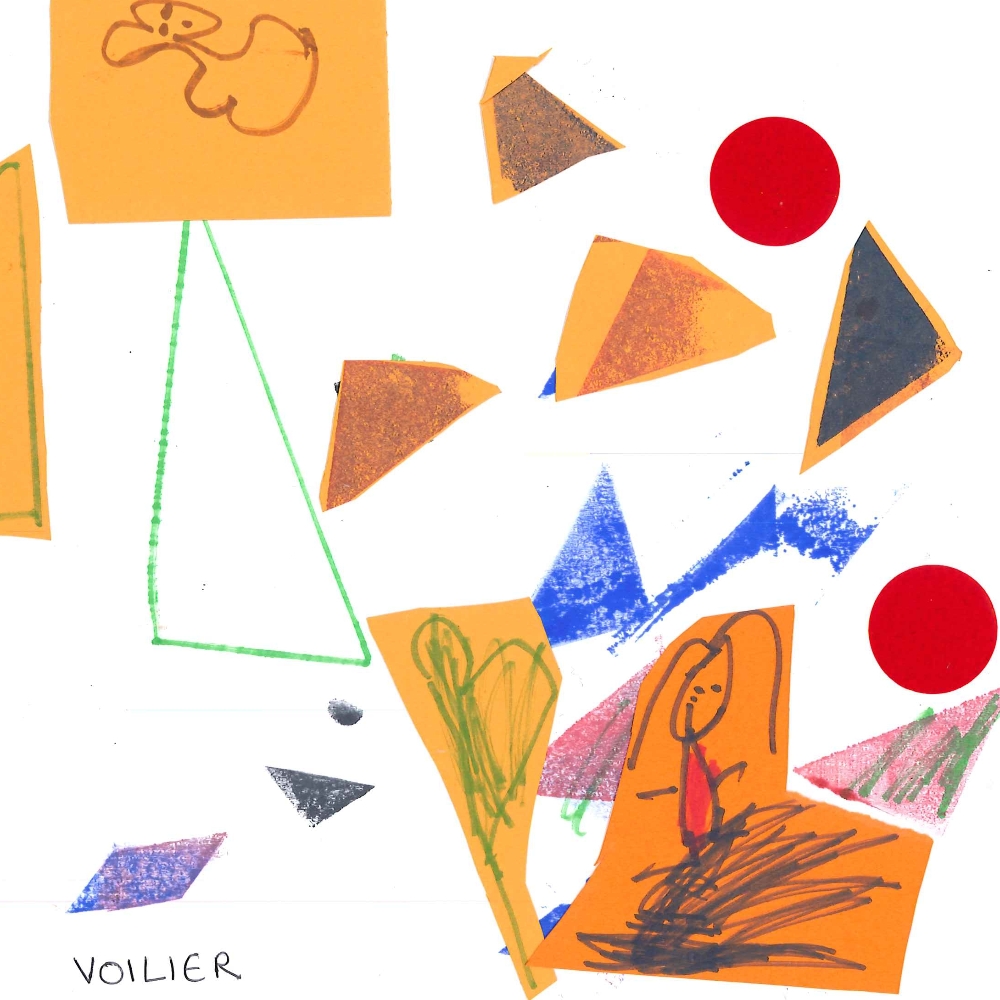 Dessin de Djeina (6 ans). Mot: VoilierTechnique: Découpage / Collage.
