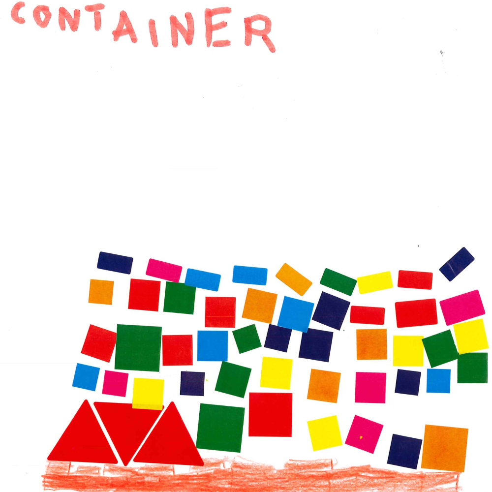 Dessin de Téo (6 ans). Mot: ContainerTechnique: Gommettes.