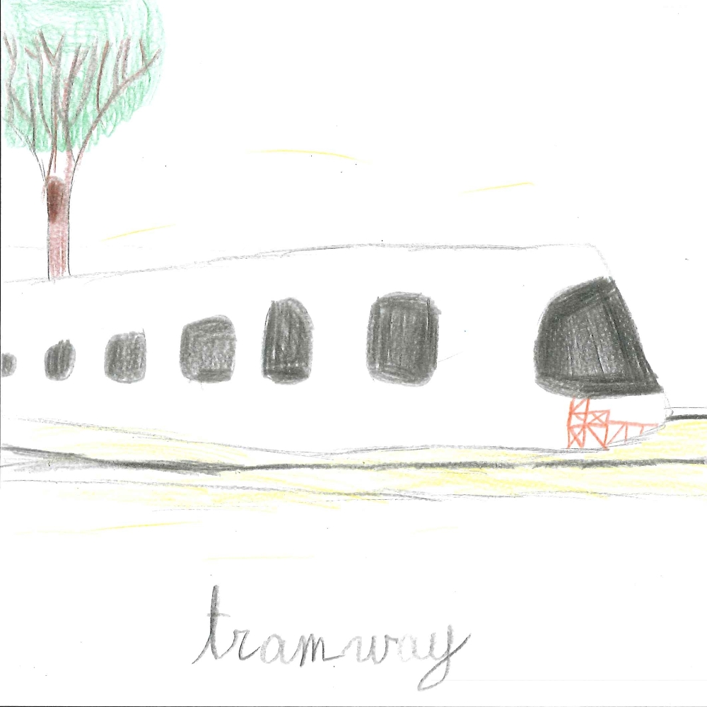 Dessin de Ana (10 ans). Mot: TramwayTechnique: Crayons.