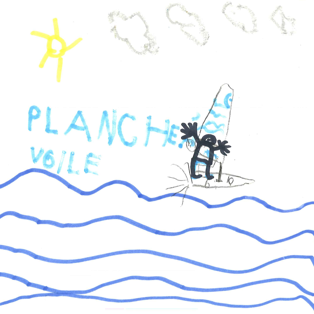 Dessin de Marceau (6 ans). Mot: Planche à voileTechnique: Feutres.