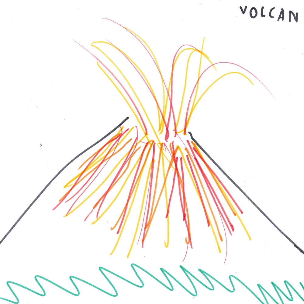 Dessin de Sacha (10 ans). Mot: VolcanTechnique: Feutres.