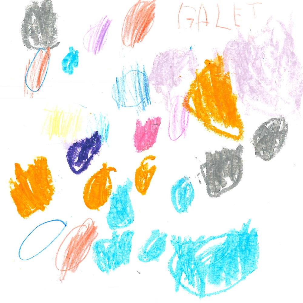 Dessin de Jules (5 ans). Mot: GaletsTechnique: Pastels.
