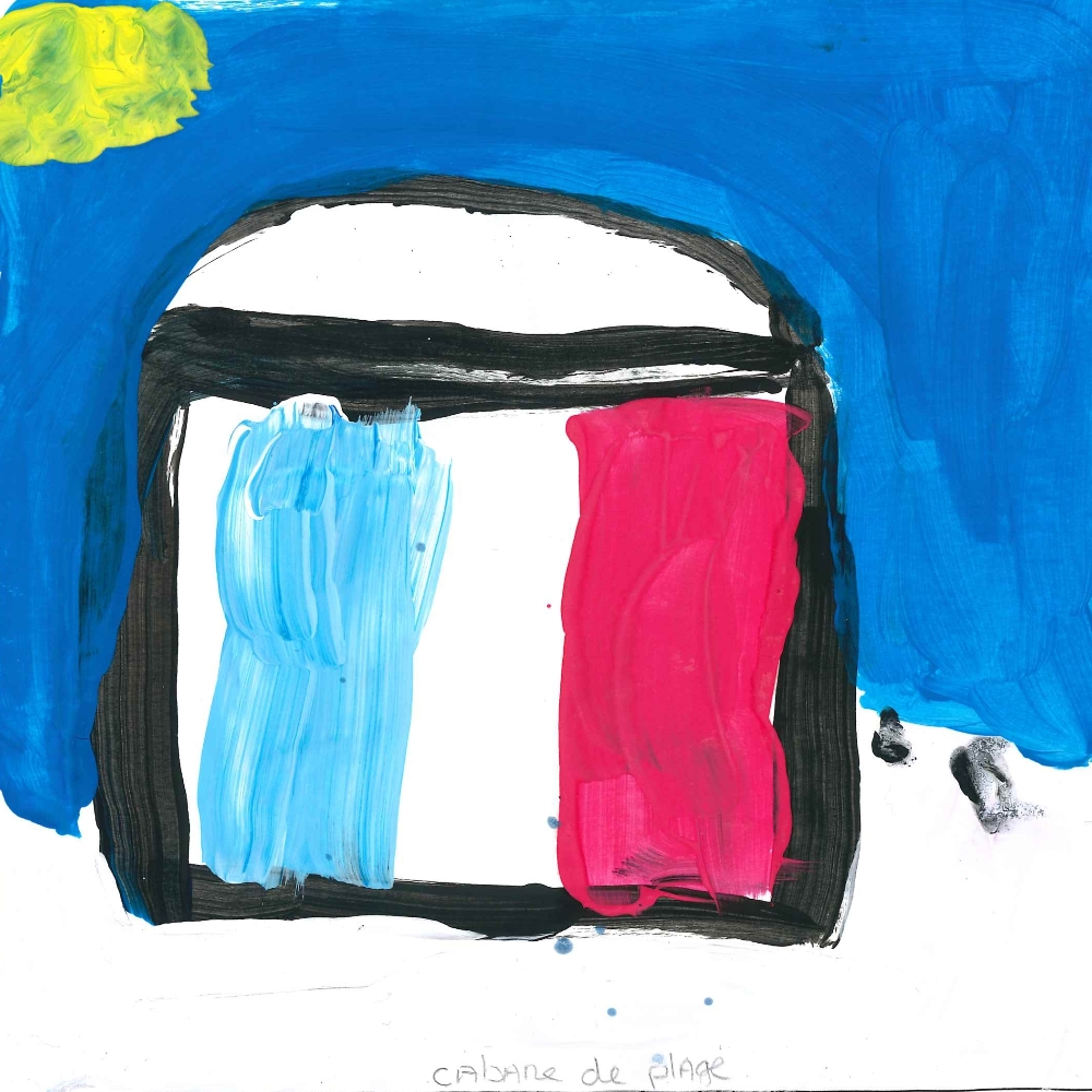 Dessin de Jeanne (7 ans). Mot: Cabane de plageTechnique: Peinture.