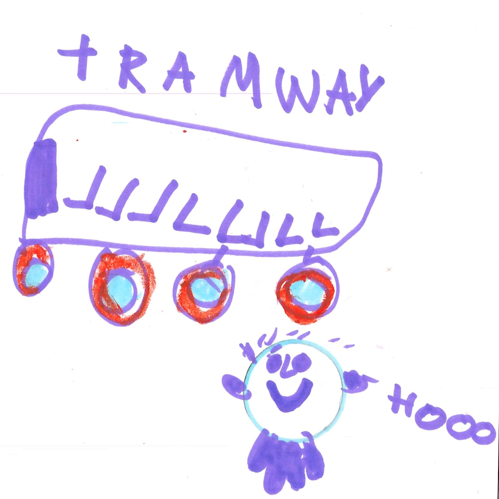 Dessin de Myriam (7 ans). Mot: TramwayTechnique: Feutres.