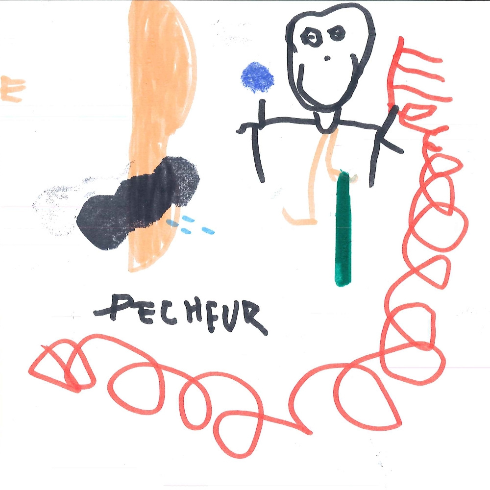 Dessin de Mathilde (4 ans). Mot: Pêcheuse, PêcheurTechnique: Feutres.