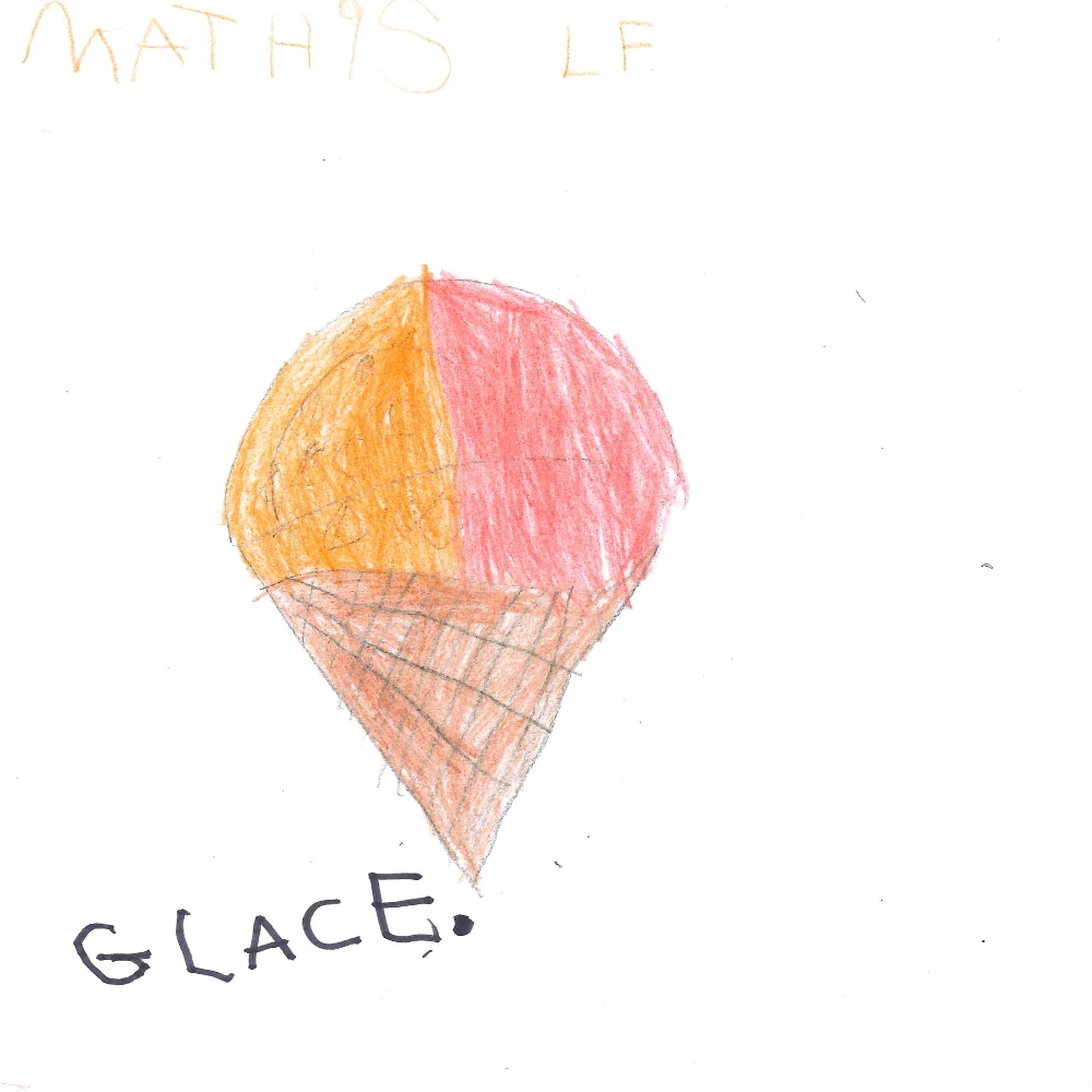 Dessin de Mathis (5 ans). Mot: GlaceTechnique: Crayons.