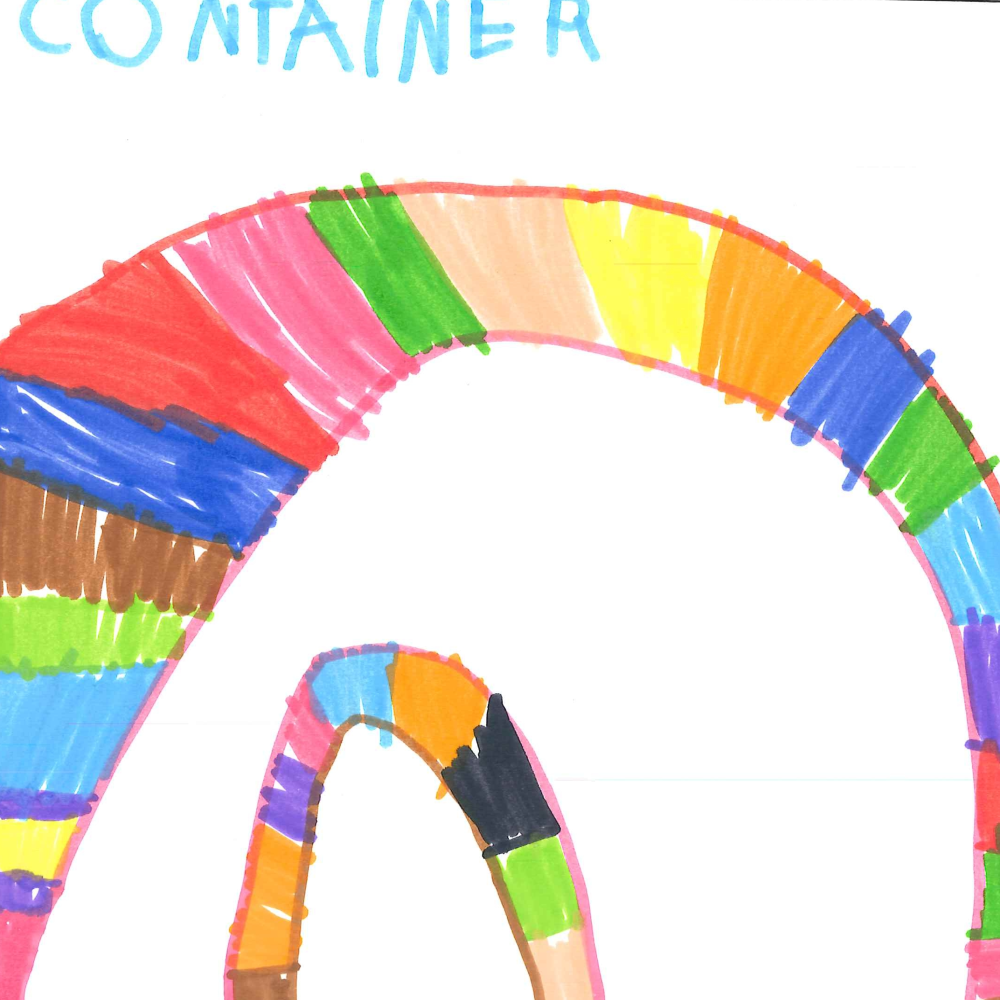 Dessin de Faustine (6 ans). Mot: ContainerTechnique: Feutres.