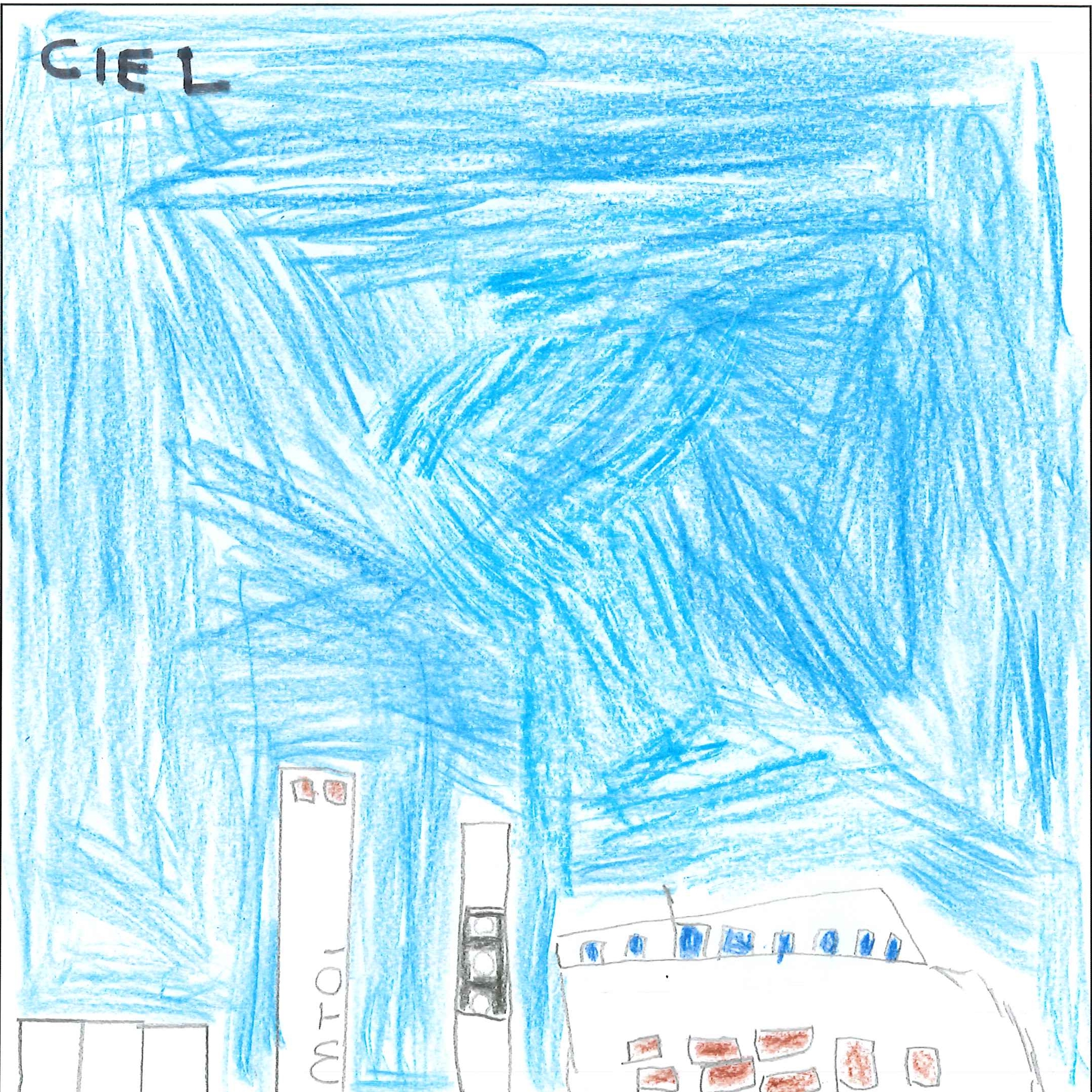 Dessin de Léo (6 ans). Mot: CielTechnique: Crayons.