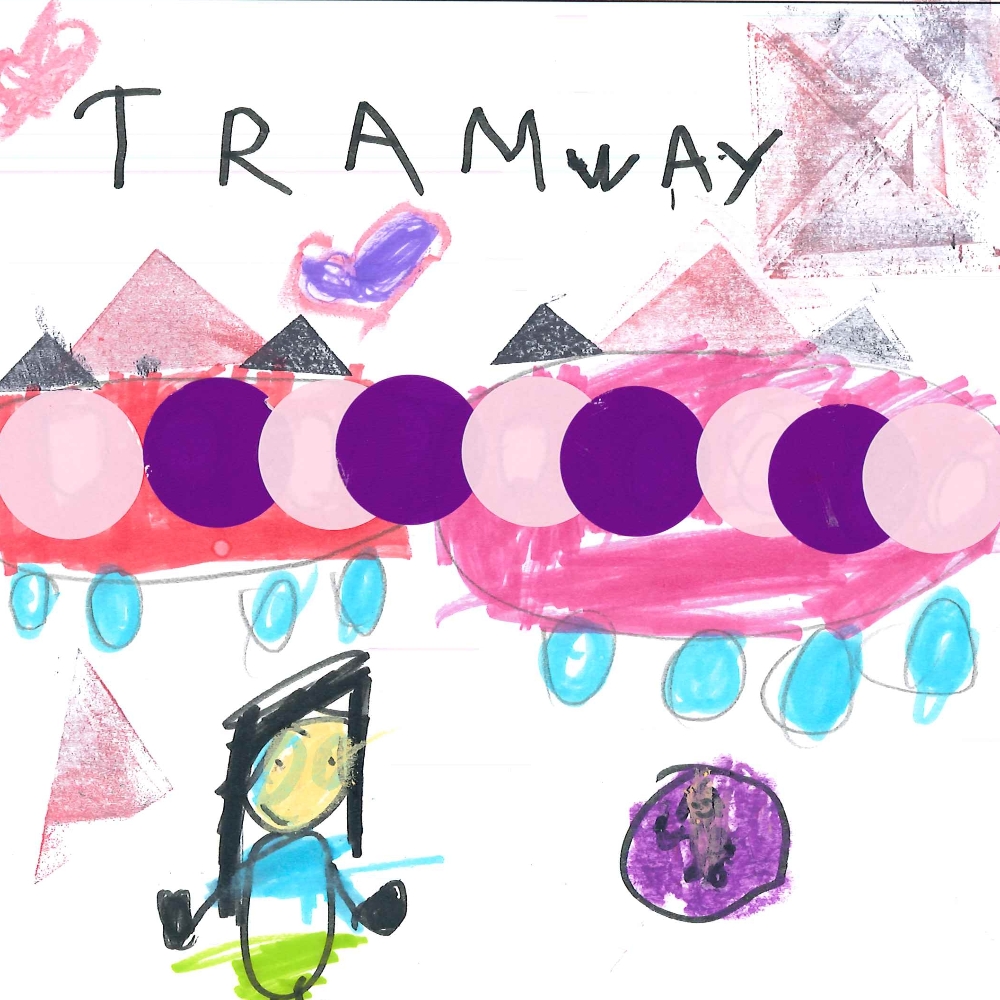 Dessin de Louna (6 ans). Mot: TramwayTechnique: Gommettes.