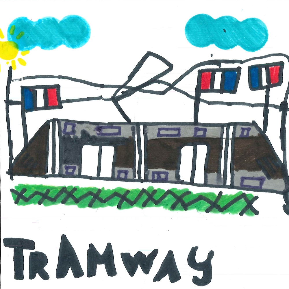 Dessin de Emma (9 ans). Mot: TramwayTechnique: Normographe.