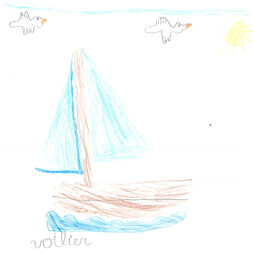 Dessin de Zoé (6 ans). Mot: VoilierTechnique: Crayons.