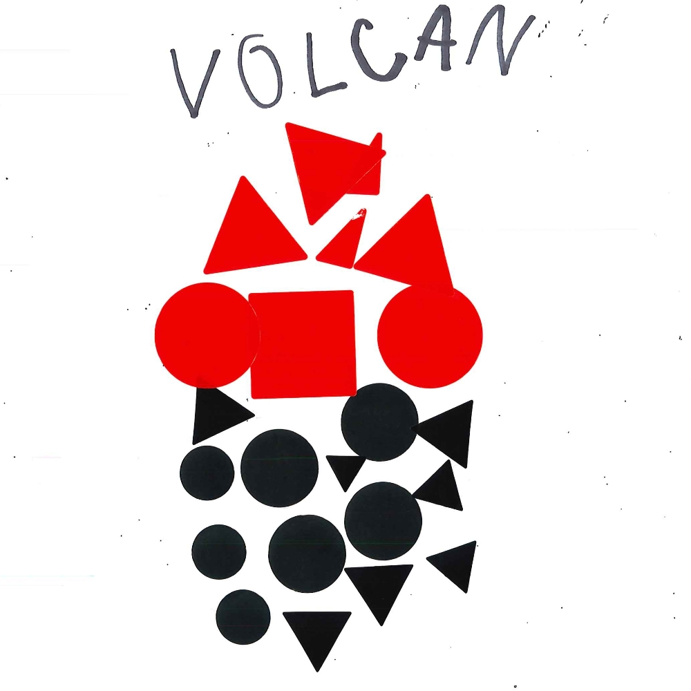 Dessin de Léanna (5 ans). Mot: VolcanTechnique: Gommettes.