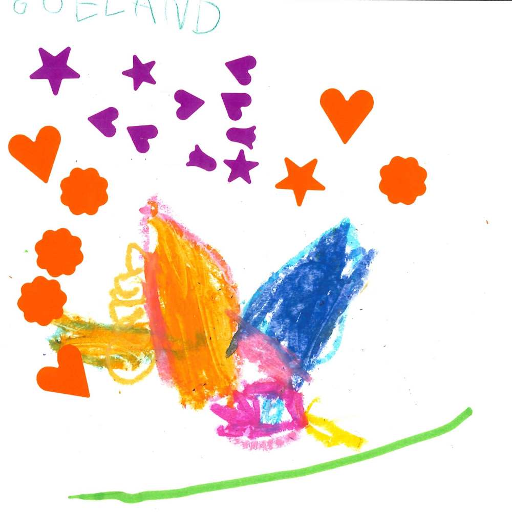 Dessin de Gwenola (5 ans). Mot: GoélandTechnique: Pastels.