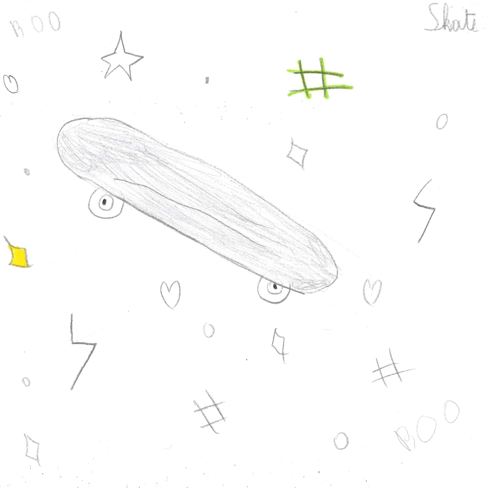 Dessin de Nina (9 ans). Mot: Skate, SkateparkTechnique: Crayons.