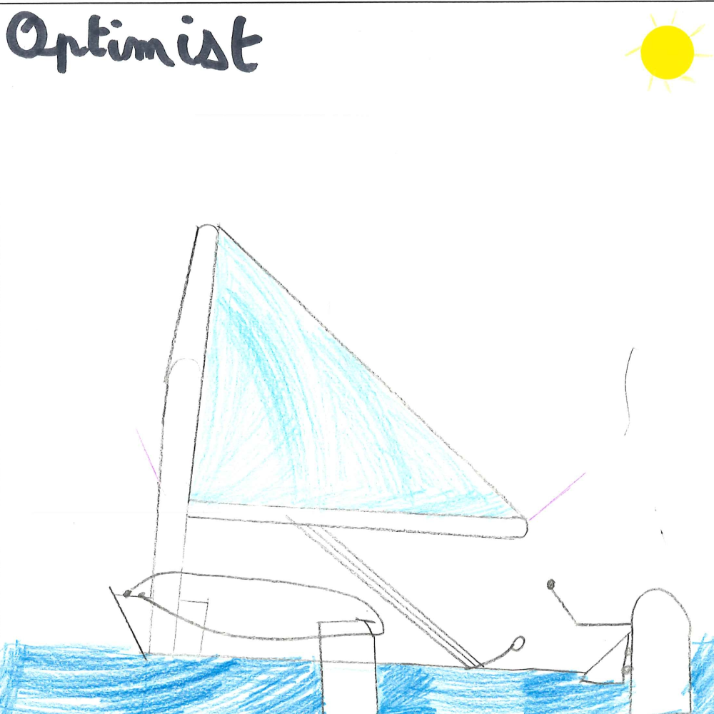 Dessin de Laura (10 ans). Mot: OptimistTechnique: Crayons.