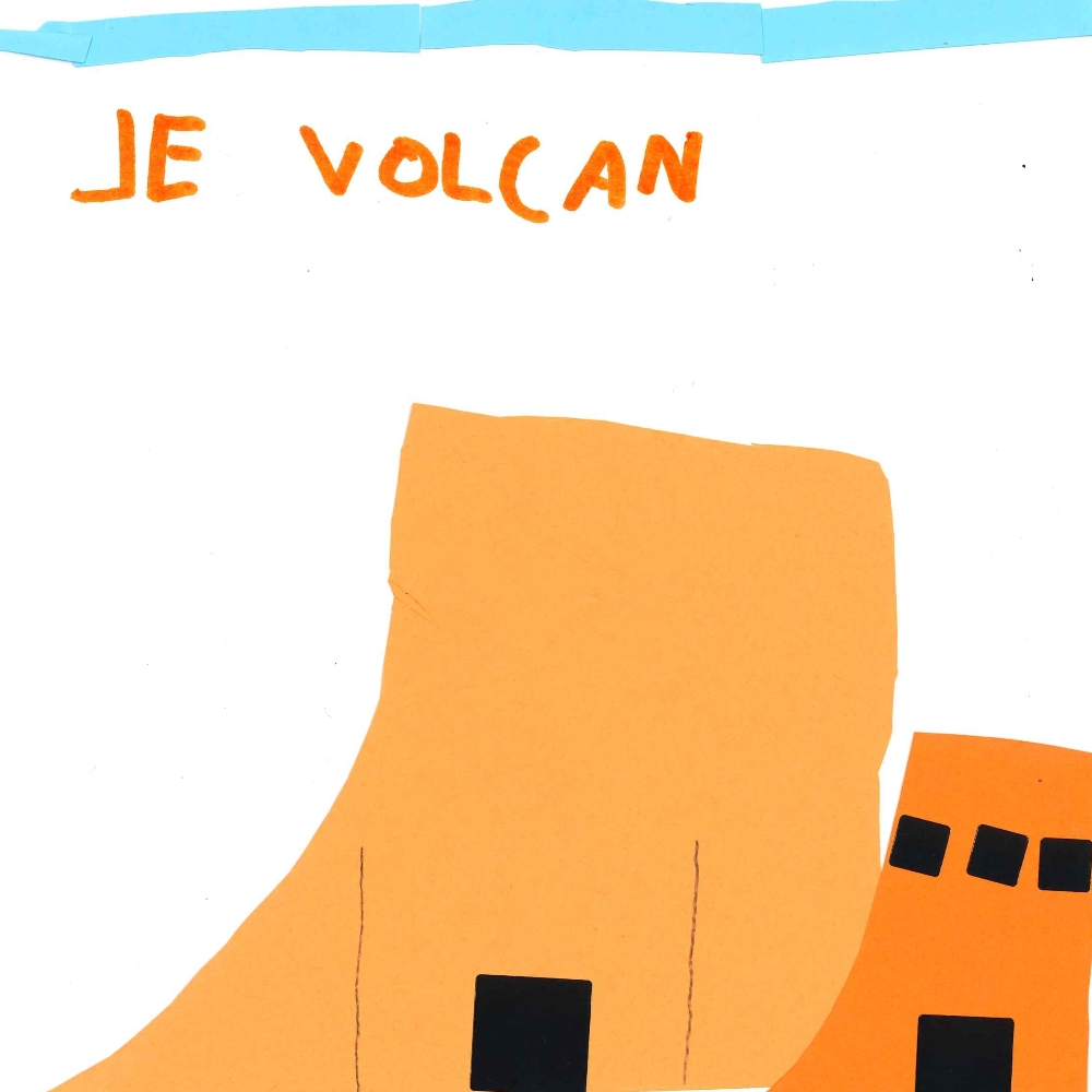 Dessin de Joséphine (6 ans). Mot: VolcanTechnique: Découpage / Collage.