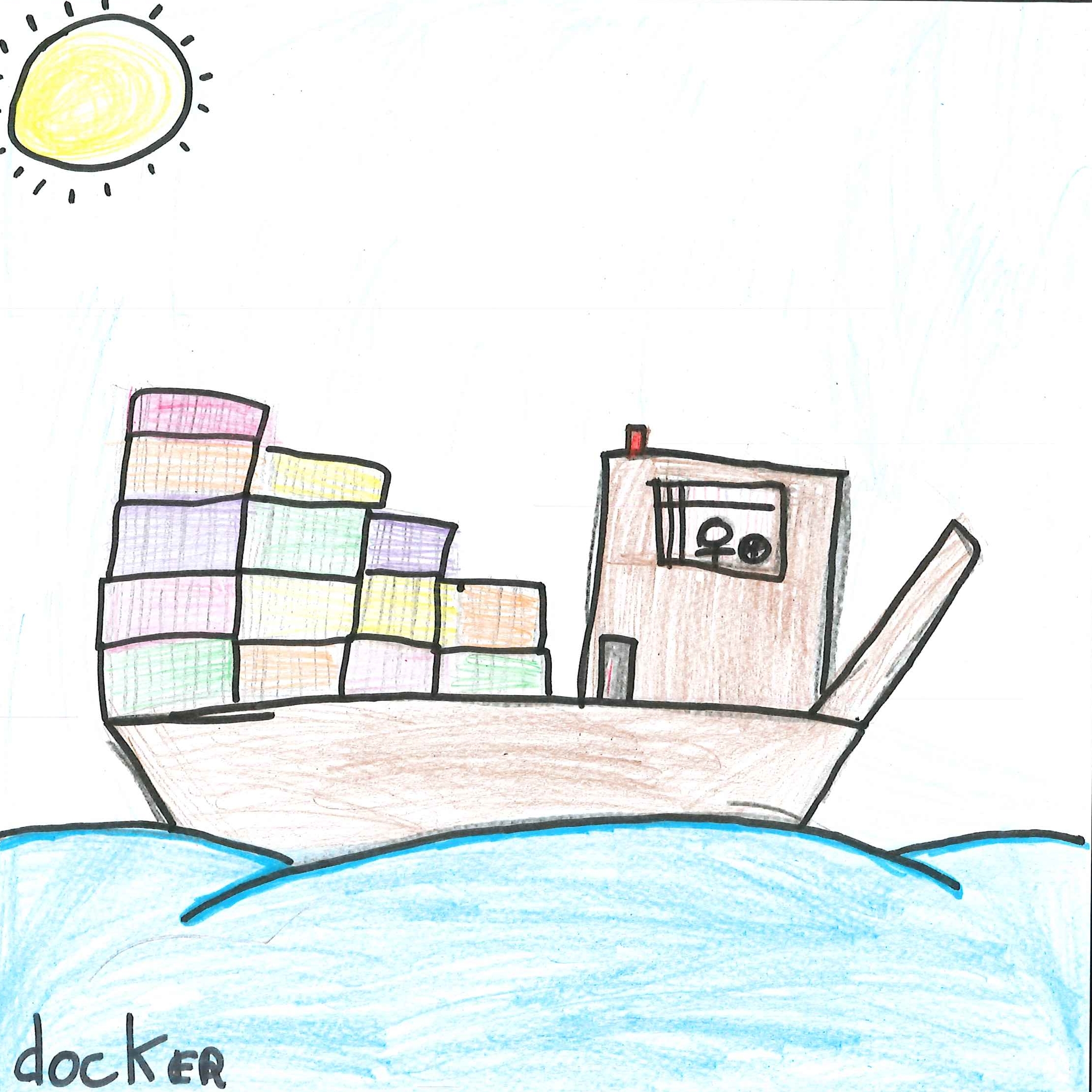 Dessin de Lola (10 ans). Mot: DockerTechnique: Crayons.