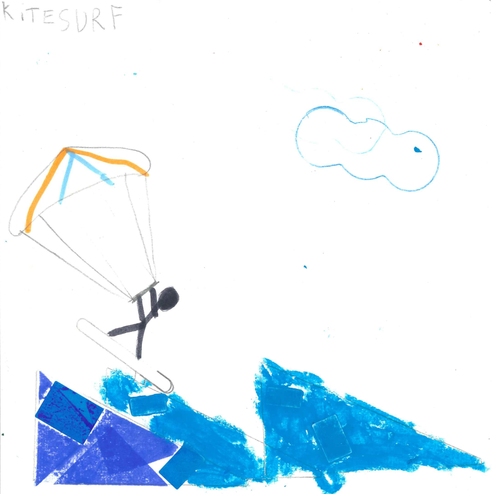 Dessin de Simon (9 ans). Mot: KitesurfTechnique: Pastels.