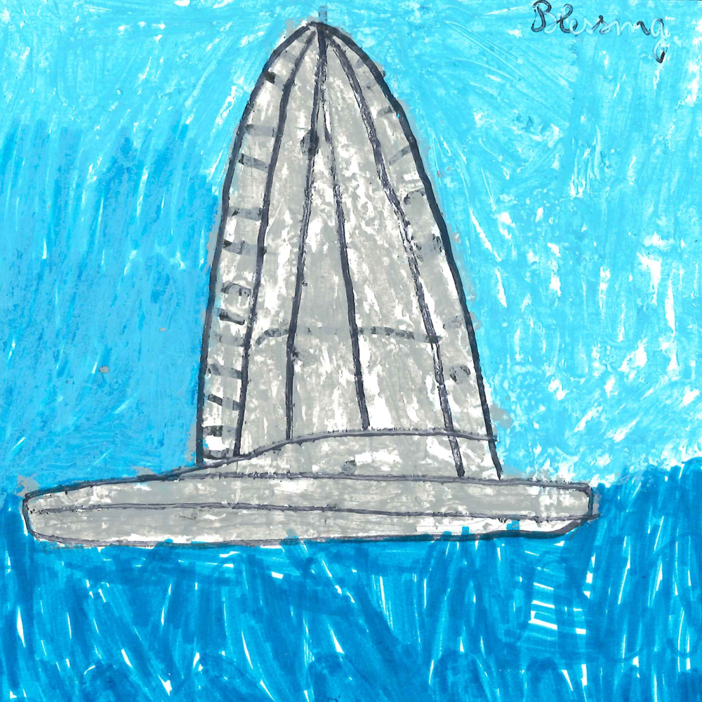 Dessin de Blessing (7 ans). Mot: CatamaranTechnique: Pastels.