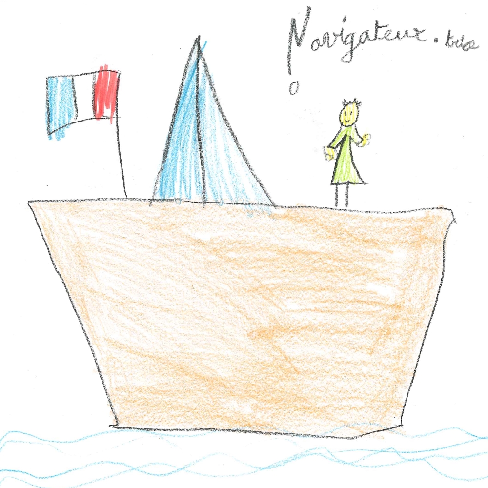Dessin de Manel (7 ans). Mot: Navigatrice, NavigateurTechnique: Crayons.