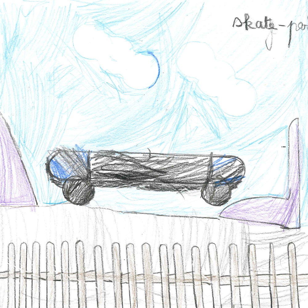 Dessin de Gabriel (6 ans). Mot: Skate, SkateparkTechnique: Normographe.