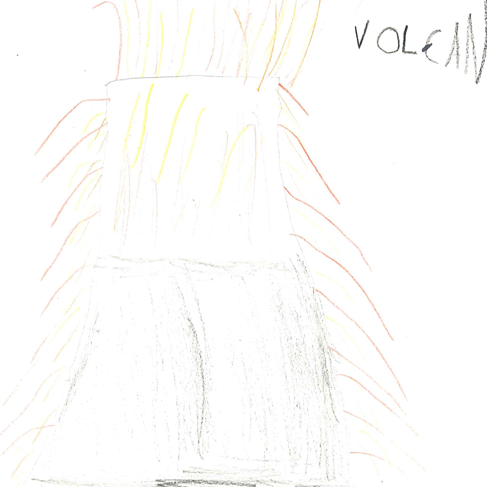 Dessin de Arthur (11 ans). Mot: VolcanTechnique: Crayons.