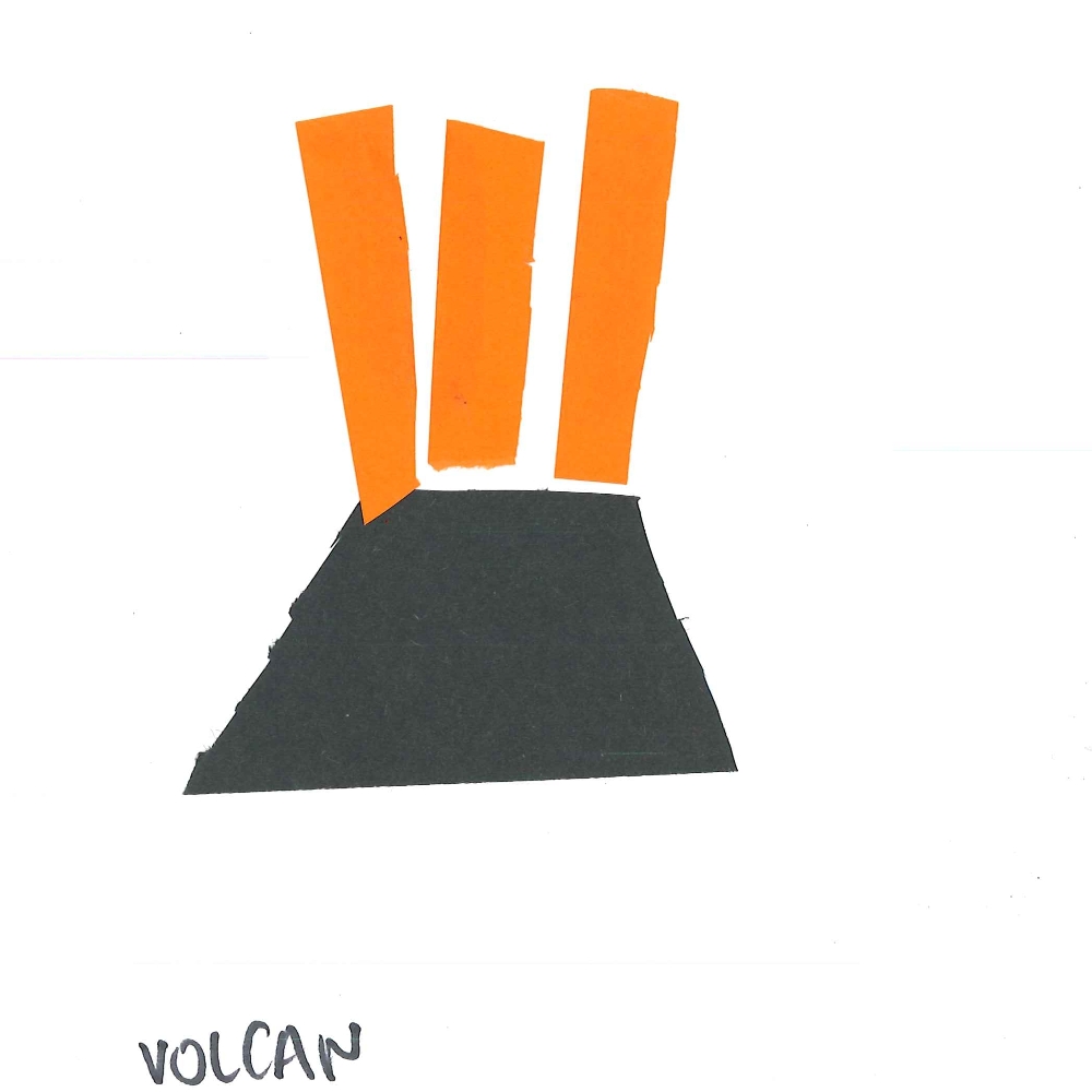 Dessin de Imane (5 ans). Mot: VolcanTechnique: Découpage / Collage.