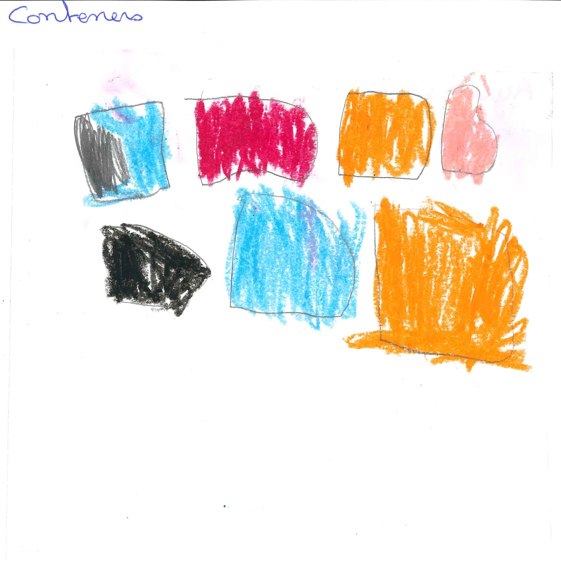Dessin de Ayumi (4 ans). Mot: ContainerTechnique: Pastels.