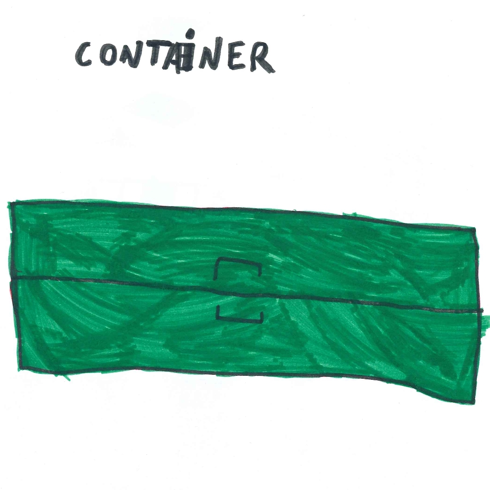 Dessin de Zelal (6 ans). Mot: ContainerTechnique: Feutres.