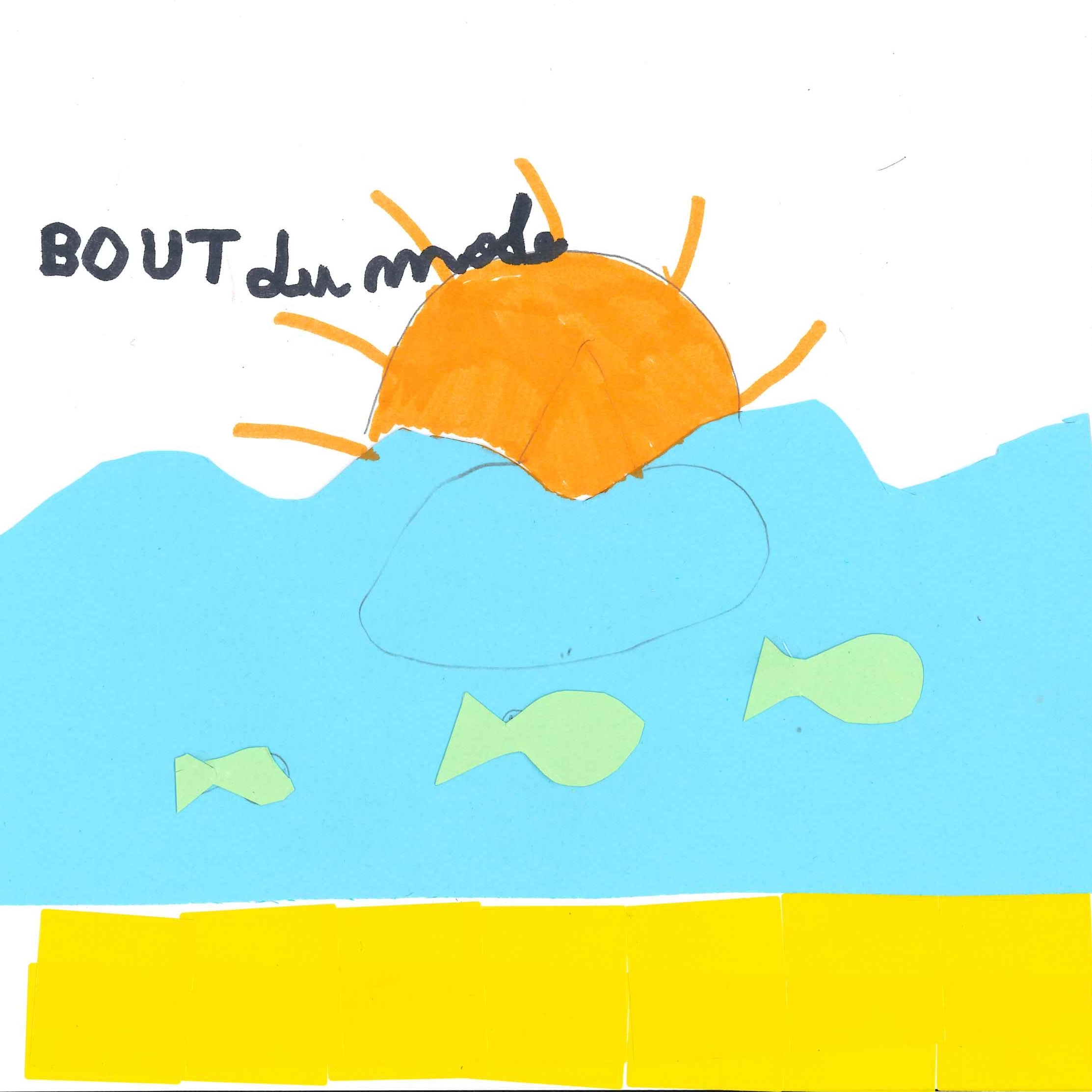 Dessin de Ilyana (8 ans). Mot: Bout du mondeTechnique: Découpage / Collage.