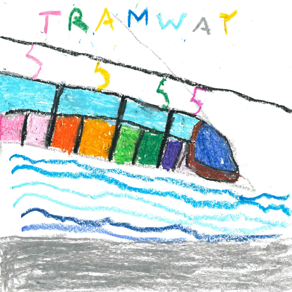 Dessin de Ysée (10 ans). Mot: TramwayTechnique: Pastels.
