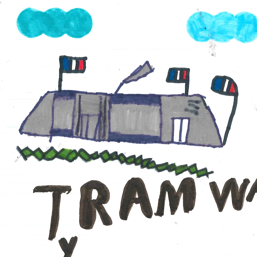 Dessin de Léya (9 ans). Mot: TramwayTechnique: Normographe.