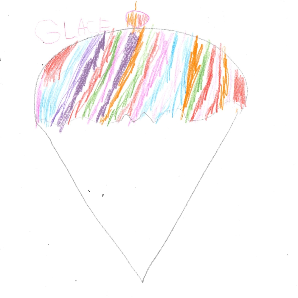 Dessin de Aïla (5 ans). Mot: GlaceTechnique: Crayons.