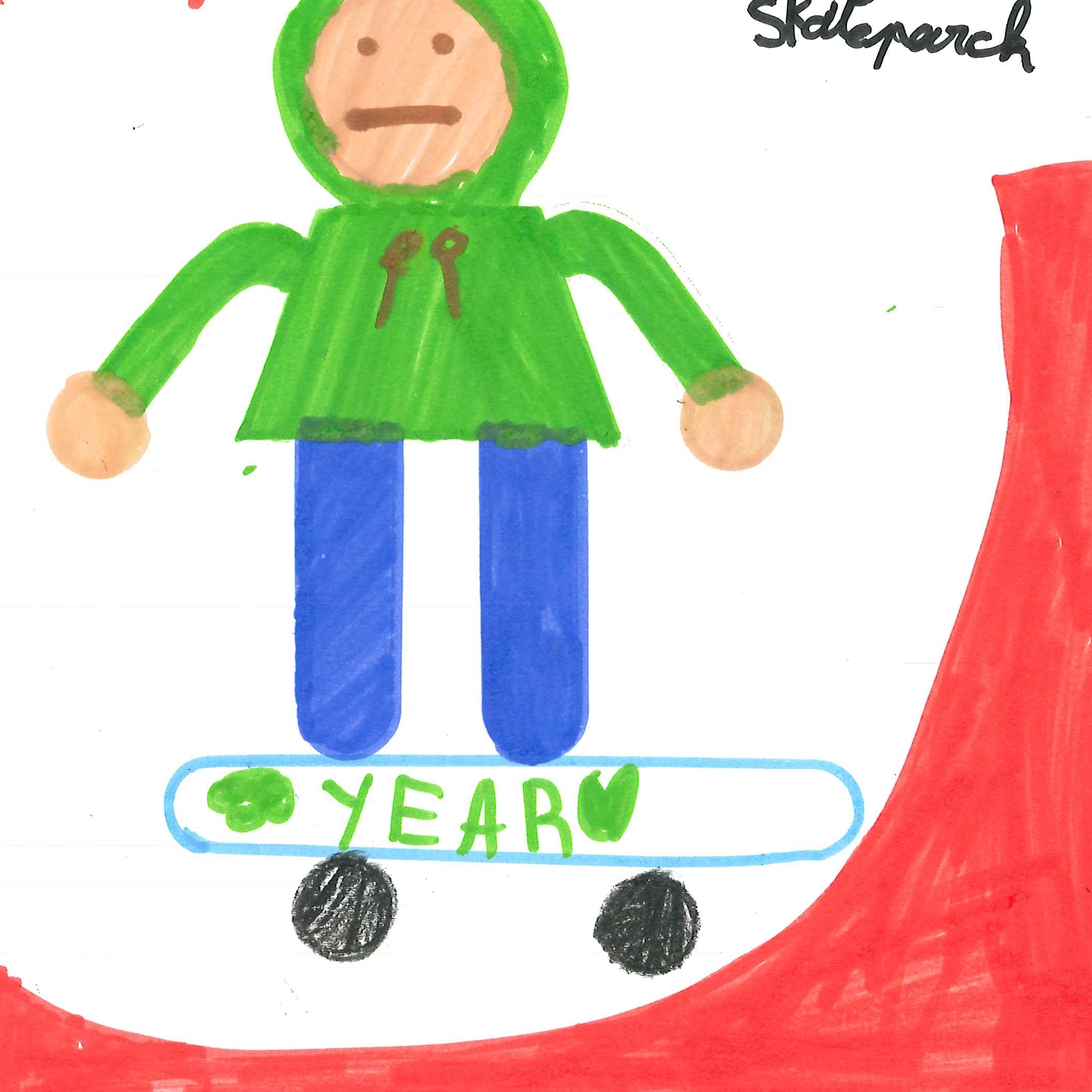 Dessin de Bochra (11 ans). Mot: Skate, SkateparkTechnique: Crayons.