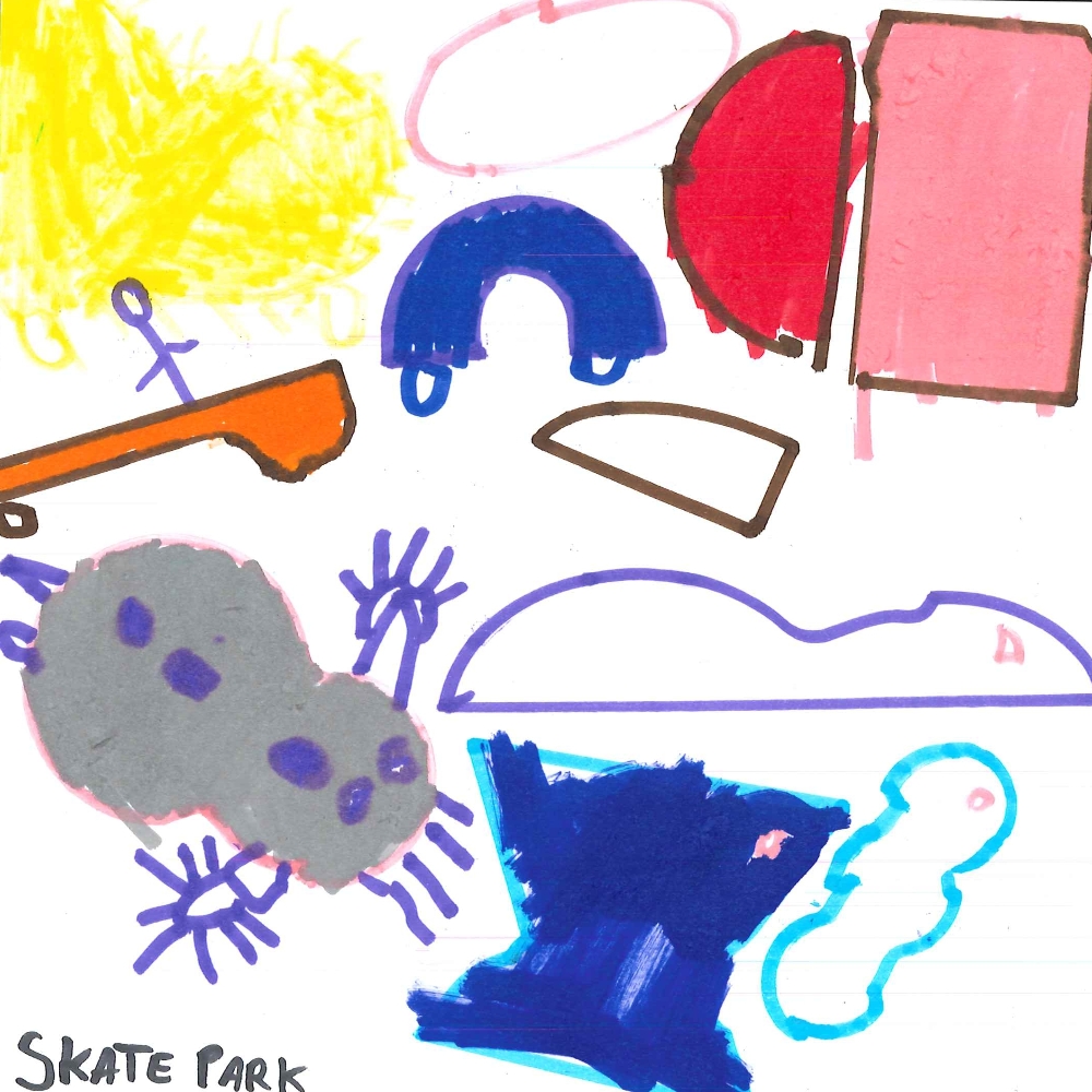 Dessin de Joy (5 ans). Mot: Skate, SkateparkTechnique: Normographe.