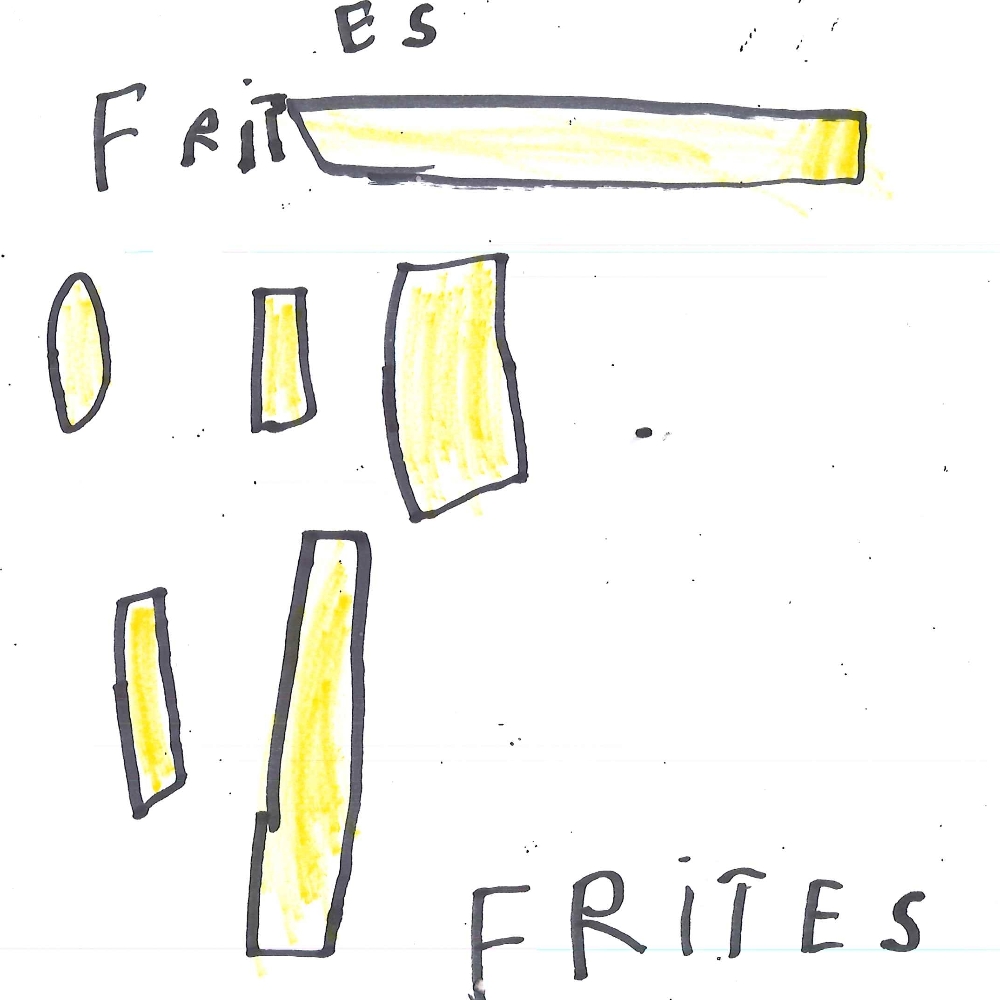 Dessin de Luanna (5 ans). Mot: Frites à VictorTechnique: Feutres.