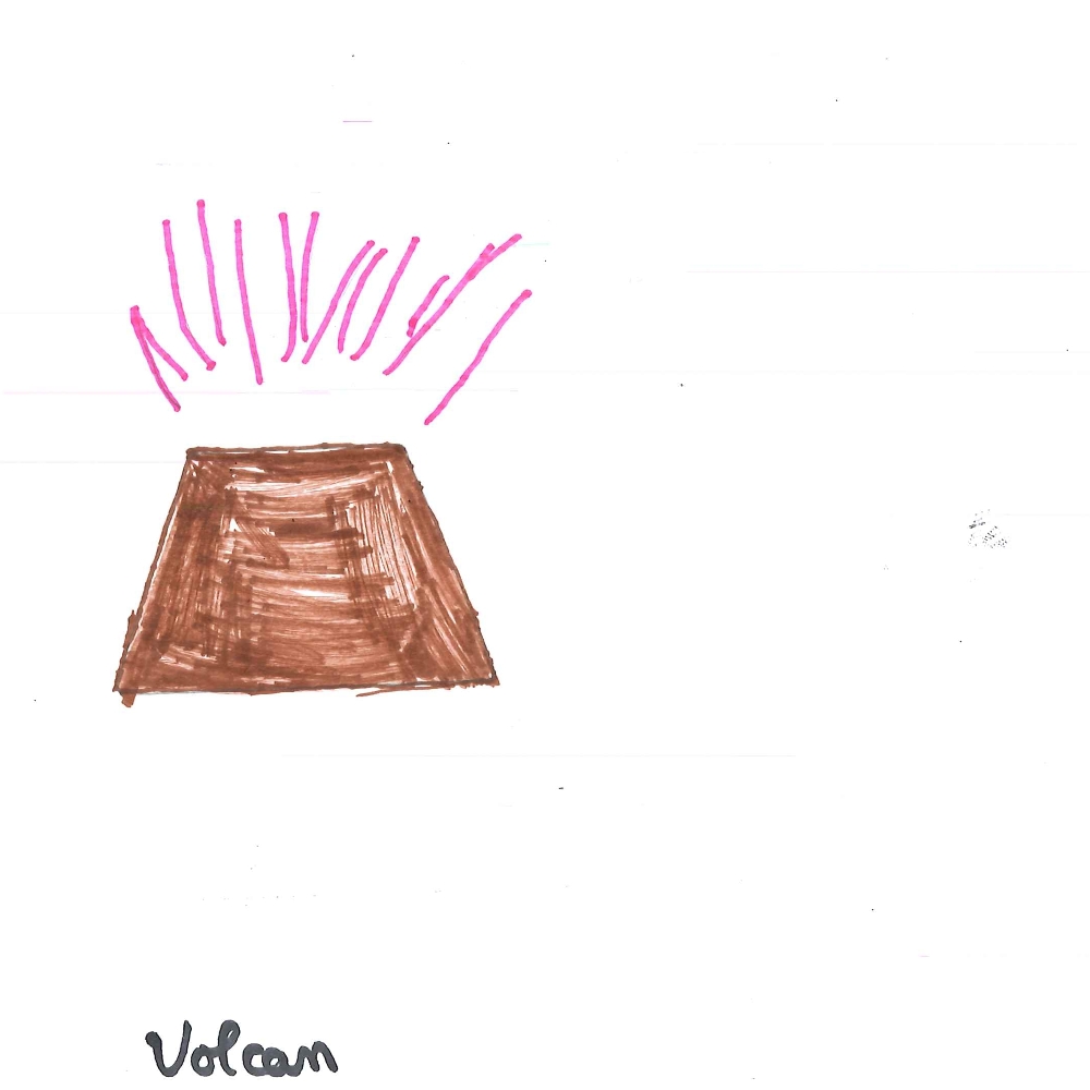 Dessin de Eliora (6 ans). Mot: VolcanTechnique: Feutres.