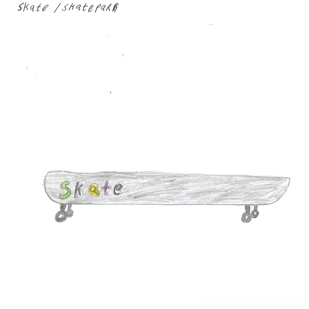 Dessin de Aron (13 ans). Mot: Skate, SkateparkTechnique: Crayons.